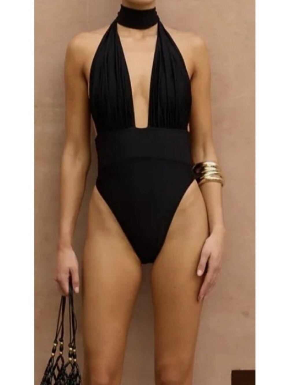 SAME Los Angeles One Piece Swimsuit Sz S Black Halter Plunge High Cut NWT